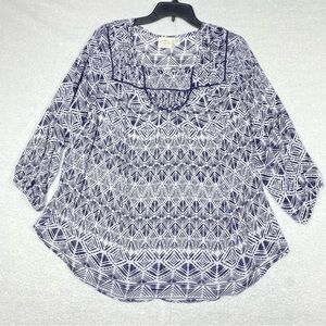 St John's Bay Tunic Blouse Women's 1X Blue White Geometric 3/4 Sleeve Sheer Top